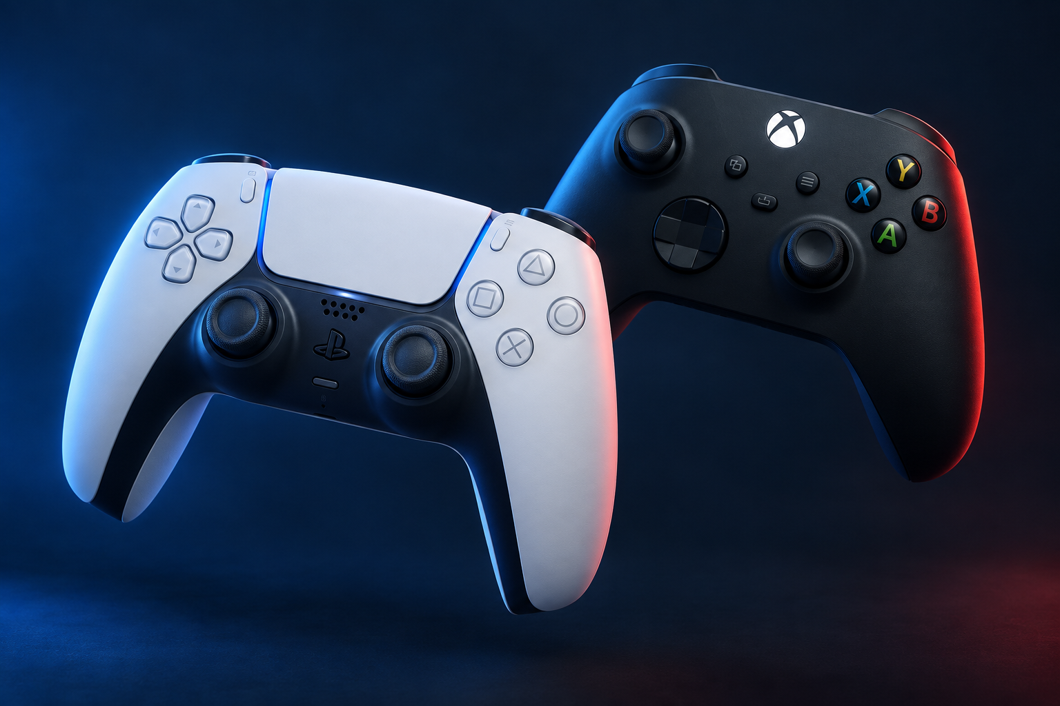 Белый DualSense и чёрный геймпад Xbox